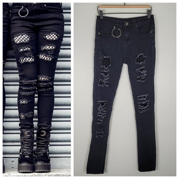 Killstar Denim - Killstar Trash Talk Skinny Jeans O-Ring Fishnet Distressed Goth Black Size XS